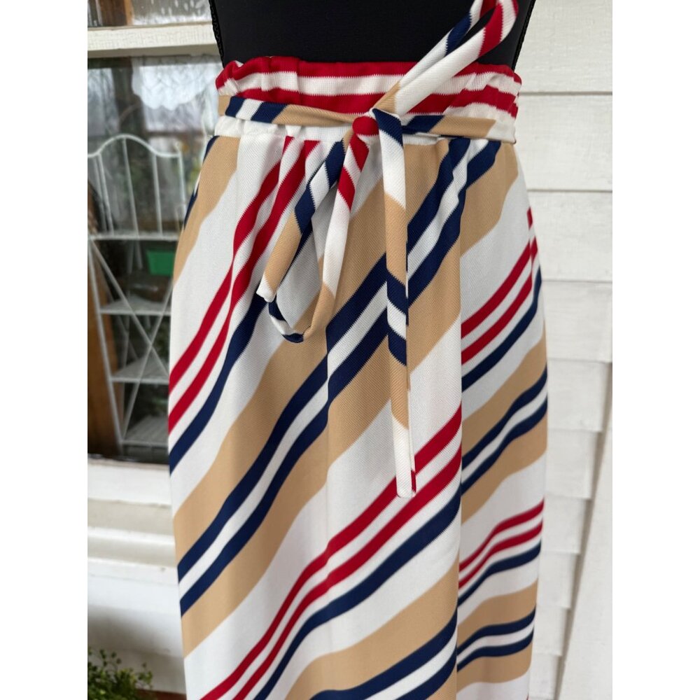 Vintage 70's Stripe MOD Maxi Skirt Chevron Stripe Blue Tan Red Size S-M - Picture 7 of 11